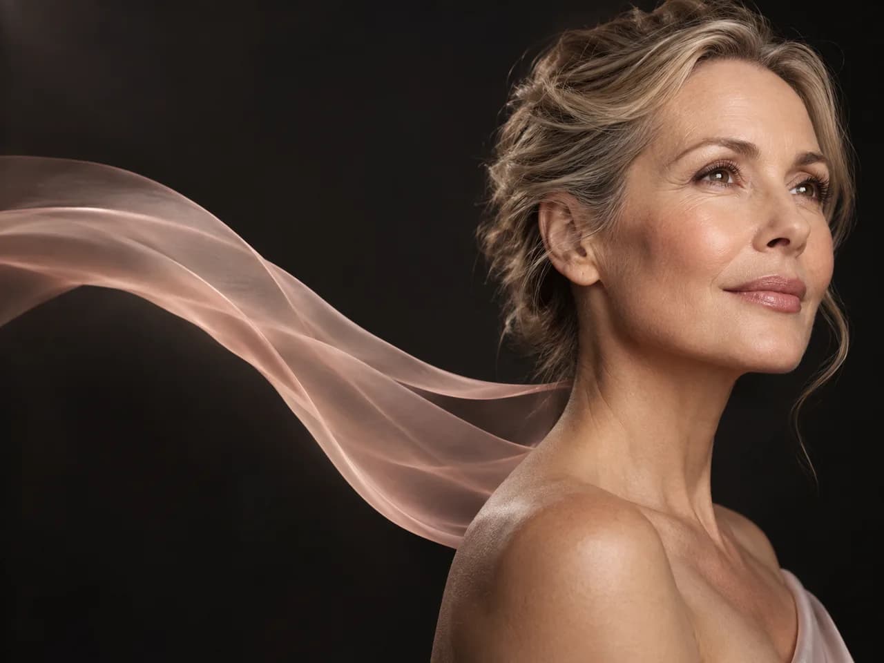 Mulher madura com pele natural e tecido leve simbolizando sustentação