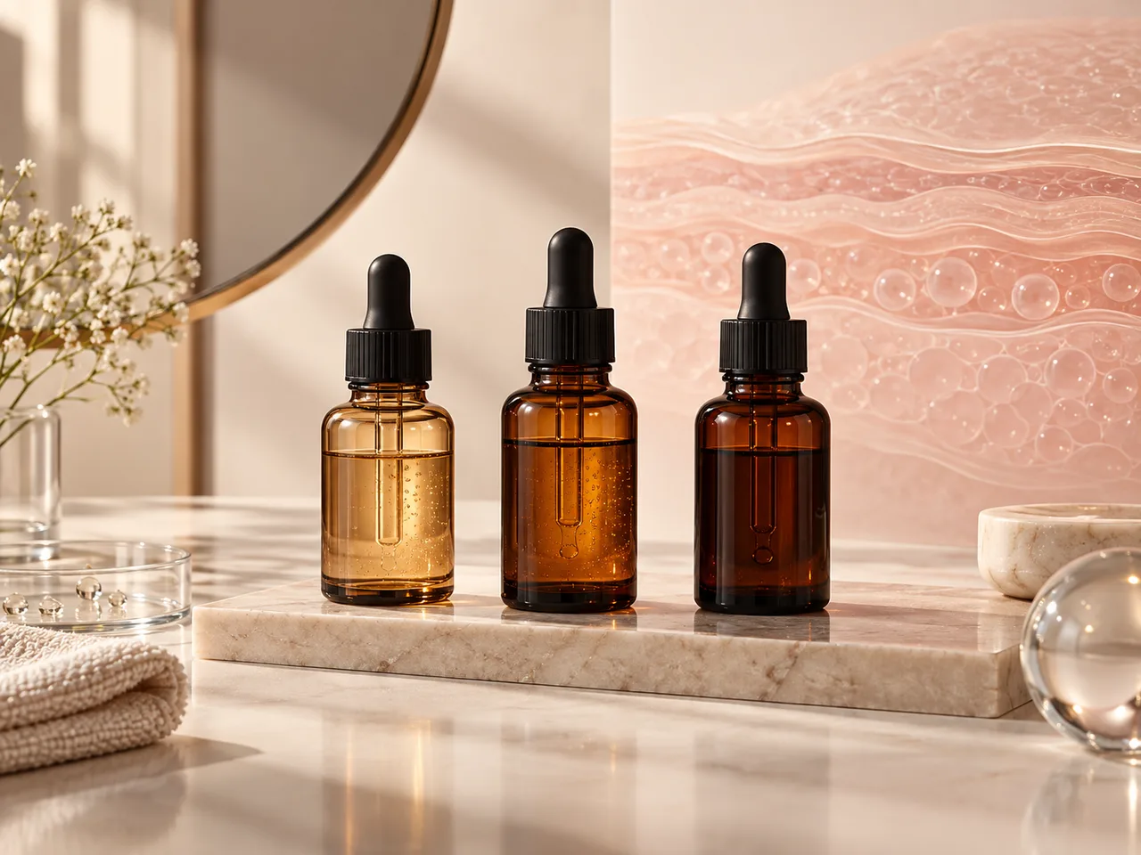 Três frascos âmbar representam retinol, retinal e ácido retinoico